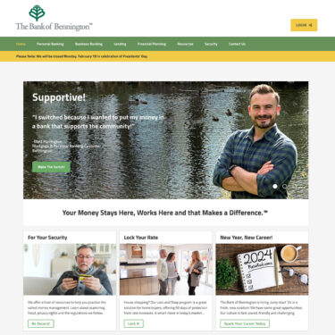 The Bank of Bennington's website homepage features spokespeople for the bank.