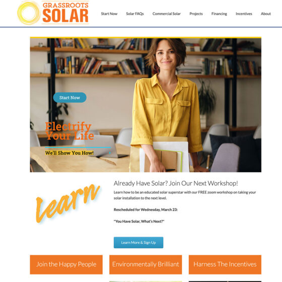 Homepage for Vermont solar provider Grassroots Solar, eventually purchased by Green Mountain Solar. 